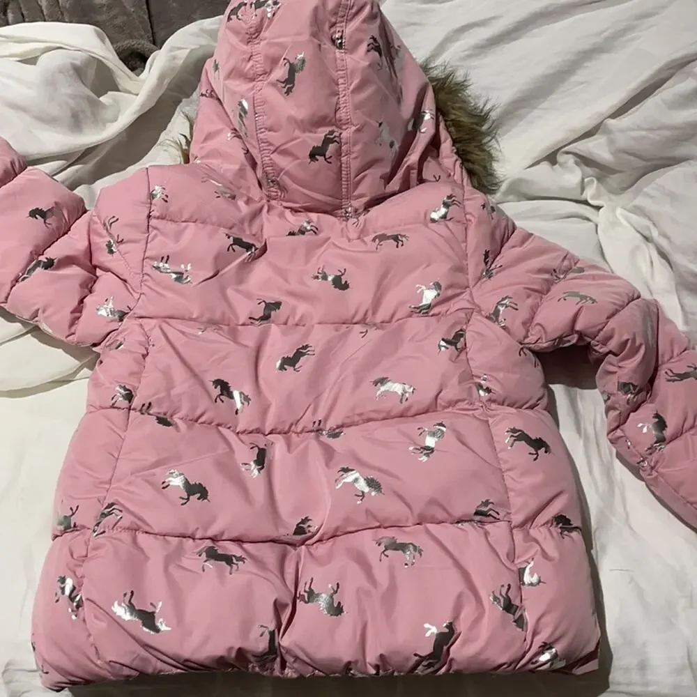 Children place L pink silver unicorn warm puffer coat hood faux fur trim NWT